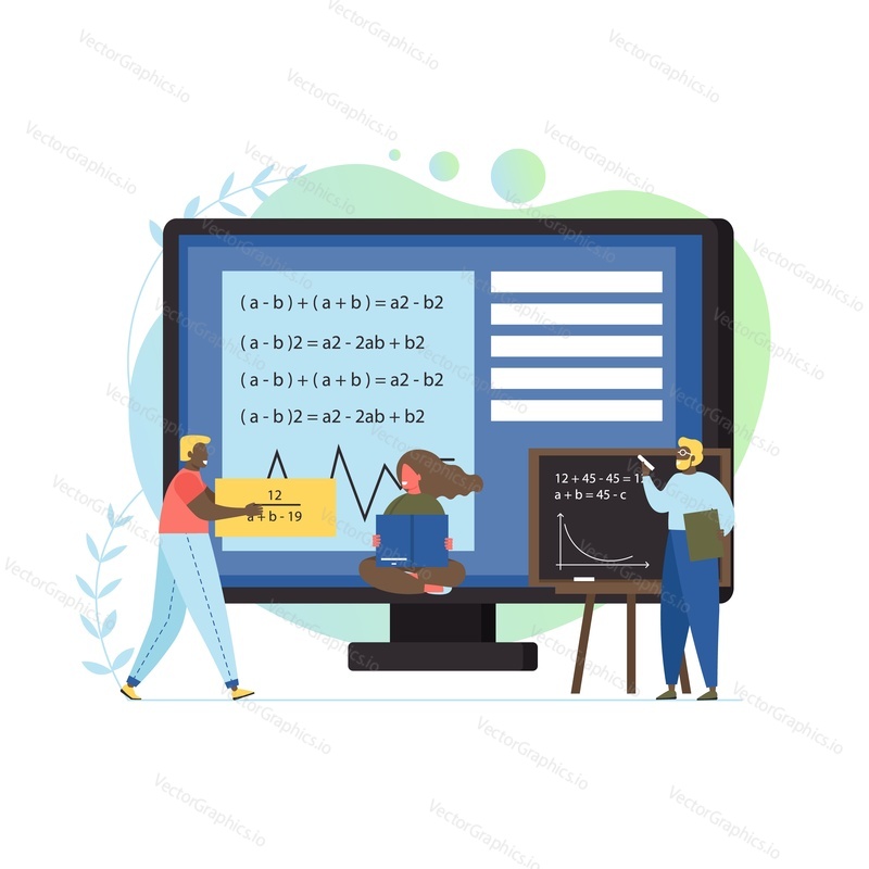Maths concept vector flat illustration. Mathematical formulas on big computer monitor, tiny students studying math, university professor writing formulas equation drawing function graph on chalkboard.