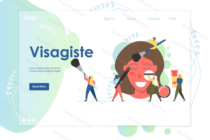 Visagiste vektorová webová šablona, webová stránka a vstupní stránka design pro vývoj webových stránek a mobilních stránek. Drobné postavy profesionální vizážisté, kteří aplikují make-up na ženskou tvář. Kosmetika.