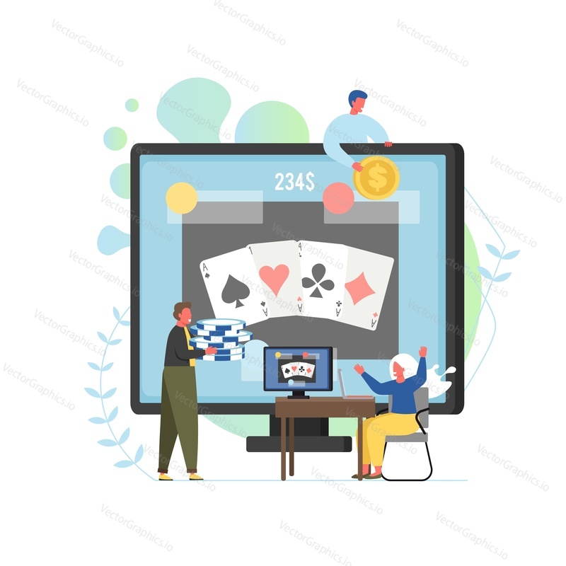 Online poker, vector flat style design illustration. Internet poker casino gambling concept with tiny characters players and big computer monitor with playing cards on screen.