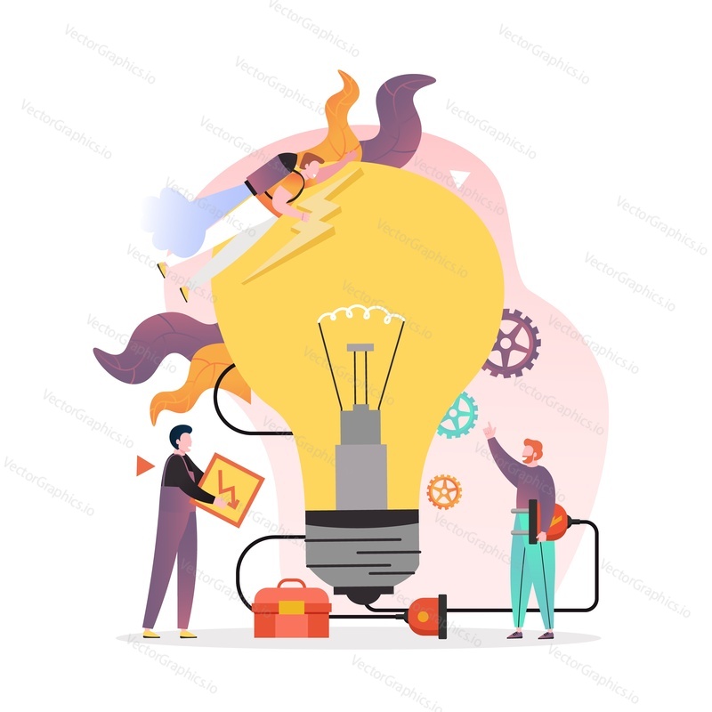Obrovské žárovky a mikro znaky technici s varovným signálem, zástrčkou, vektorovou ilustrací. Profesionální elektrikář služby složení pro web banner, webové stránky atd.