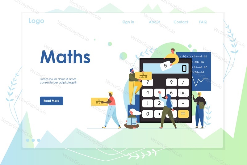 Matematika vektorová webová šablona, návrh webové stránky a vstupní stránky pro vývoj webových stránek a mobilních stránek. Matematika vzdělávací koncept s postavami dělá částky pomocí kalkulačky matematické vzorce