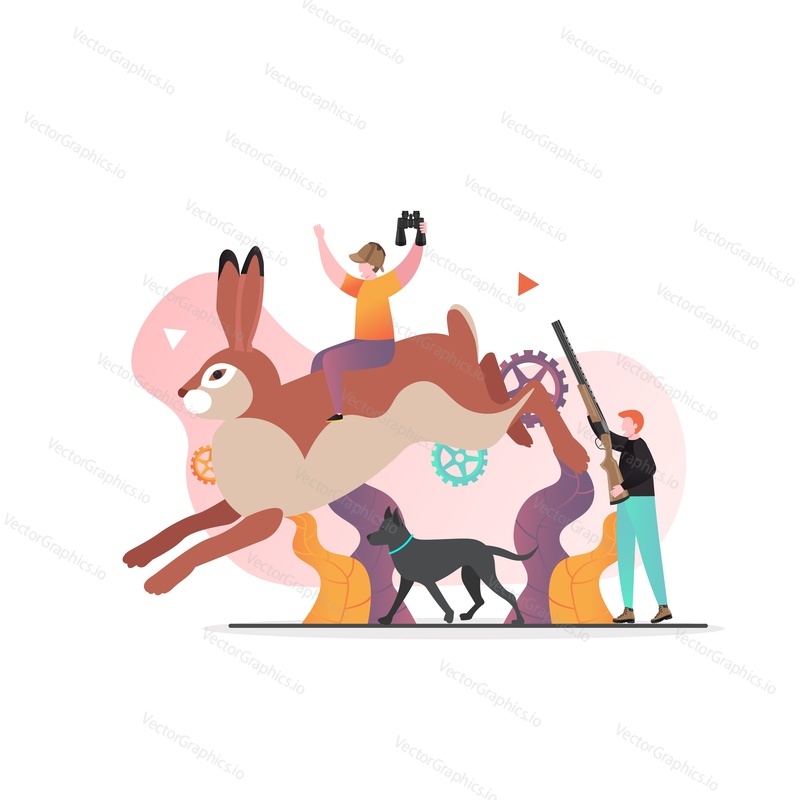 Hunters sitting on huge hare, shooting a shotgun, vector illustration. Sport hunting, outdoor recreation concept for web banner, website page etc.