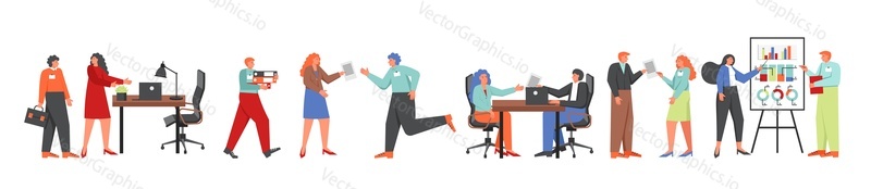 People involved in recruitment process, vector flat style design illustration isolated on white background. Employment agency employees, hr specialists, job candidates. Hiring, job search, interview.