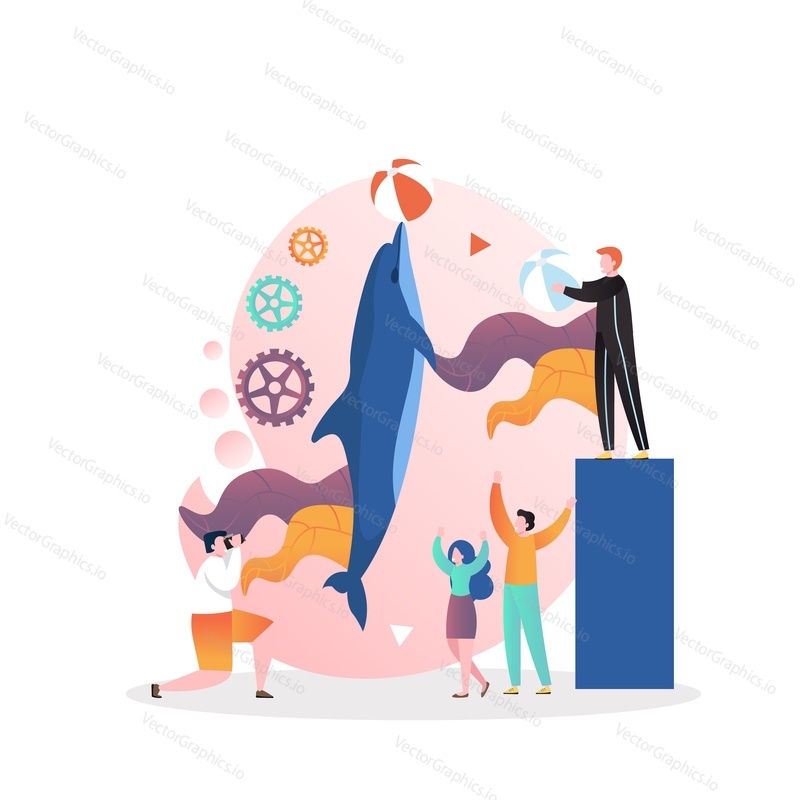 Dolphin show, vector illustration. Dolphin performing tricks, juggling and playing with ball. Dolphinarium concept for web banner, website page etc.