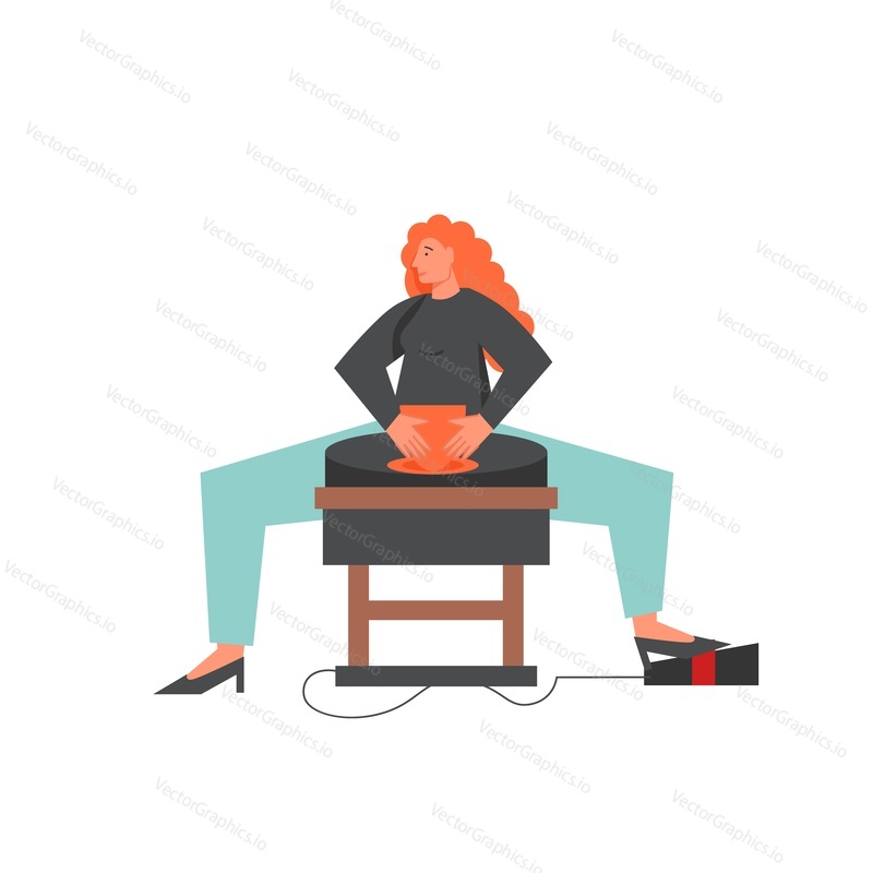Žena hrnčíř dělat hliněný hrnec na keramickém kole v dílně nebo studiu. Vektorová plochá izolovaná ilustrace. Ručně vyráběná keramika tvorba, umělecké a kreativní povolání koncept pro web banner webová stránka