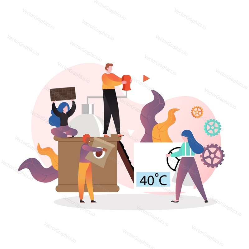 Chocolate making process, vector illustration. Chocolate manufacturing concept with male and female characters for web banner, website page etc.