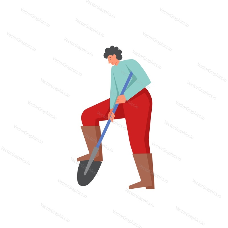 Gardener man digging hole using shovel. Vector flat style design illustration isolated on white background. Gardening concept for web banner, website page etc.