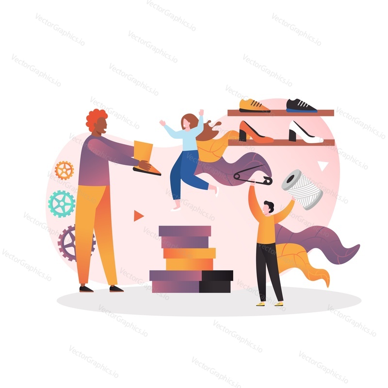 Shoemakers repairing woman boots, vector illustration. Shoe repair shop services concept for web banner, website page etc.