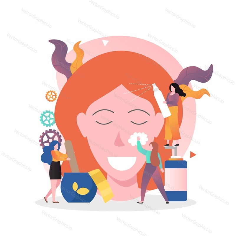 Cosmetologists, beauty specialists providing cosmetic facial cleansing for woman face skin, vector illustration. Cosmetology, face care concept for web banner, website page etc.