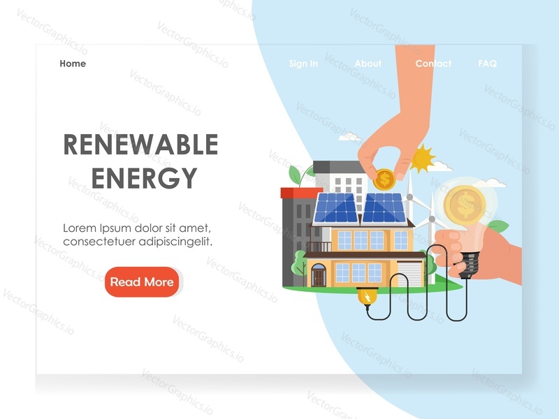 Obnovitelná energie vektorová webová šablona, webová stránka a design vstupní stránky pro vývoj webových stránek a mobilních stránek. Investice do alternativní ekologické energie.