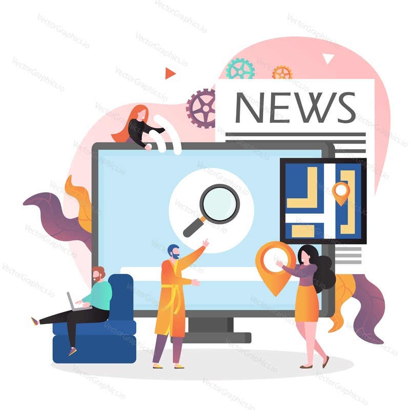 Huge computer monitor, micro male and female characters searching location, reading online news, vector illustration. People using gadgets of modern technology concept for web banner, website page etc