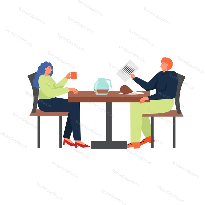 Happy couple having dinner while sitting at table, vector flat illustration isolated on white background. Restaurant dinner concept for for web banner, website page etc.