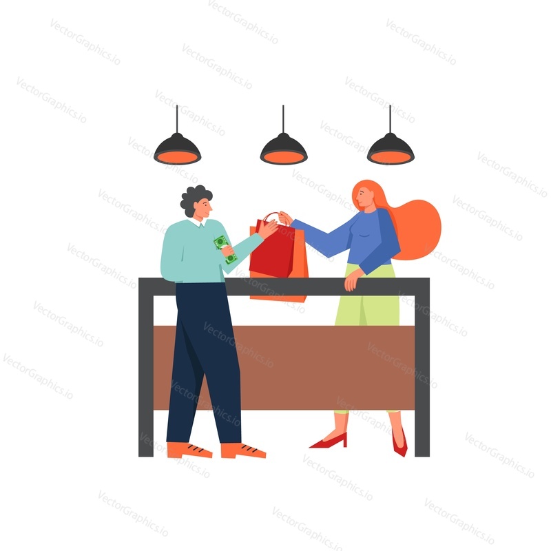 Dáma kupuje oblečení v módním butiku dámské oblečení, vektorová plochá ilustrace izolovaná na bílém pozadí. Kupující a prodávající, nákupní koncept pro webový banner, webovou stránku atd.