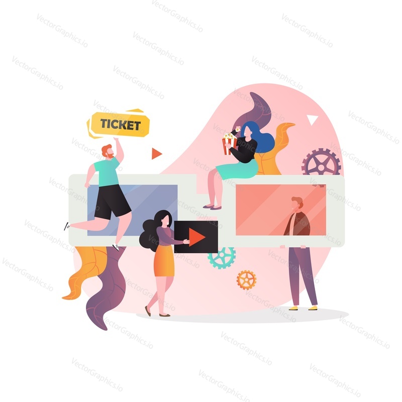 Huge cinema 3d glasses and micro male and female characters with popcorn, tickets, vector illustration. Cinematography, entertainment concept for web banner, website page etc.