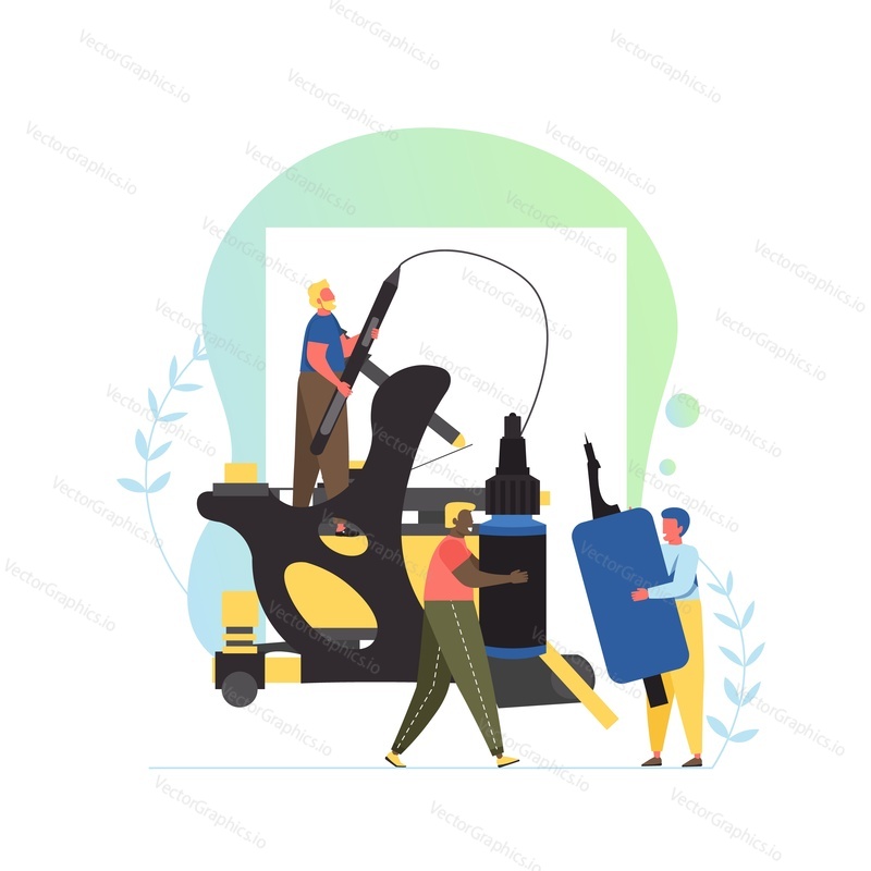 Professional tattoo artists with machine and inks, vector flat style design illustration. Tattooing, tattoo shop services concept for web banner, website page etc.
