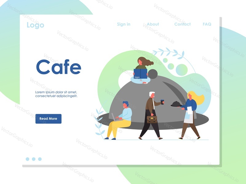 Šablona webových stránek Cafe vector, design webových stránek a vstupních stránek pro vývoj webových stránek a mobilních stránek. Restaurace, cateringový obchodní koncept s velkým servírovacím talířem, drobnými návštěvníky a servírkou.