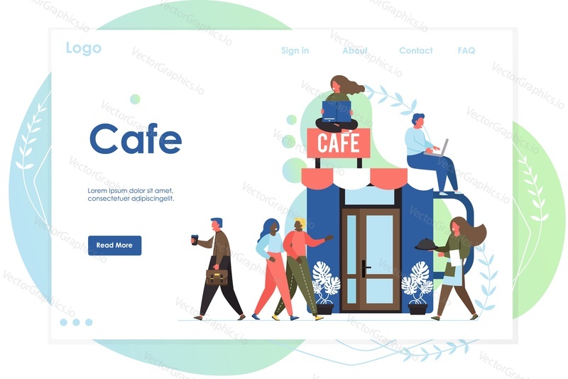 Šablona webových stránek Cafe vector, design webových stránek a vstupních stránek pro vývoj webových stránek a mobilních stránek. Restaurace stolování, firemní jídlo a kavárna služby.