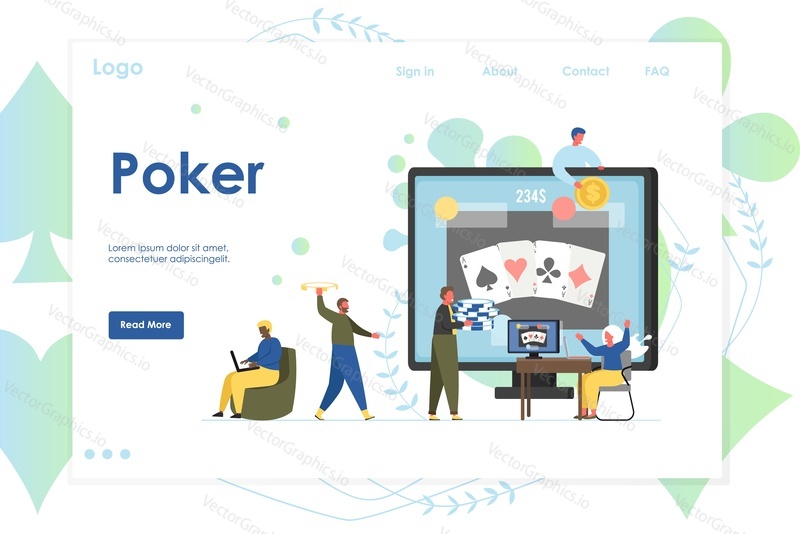 Poker vektor webové stránky šablony, webové stránky a vstupní stránky design pro webové stránky a vývoj mobilních stránek. Internet poker koncept s postavami hráčů, počítačový monitor s hracími kartami na obrazovce.