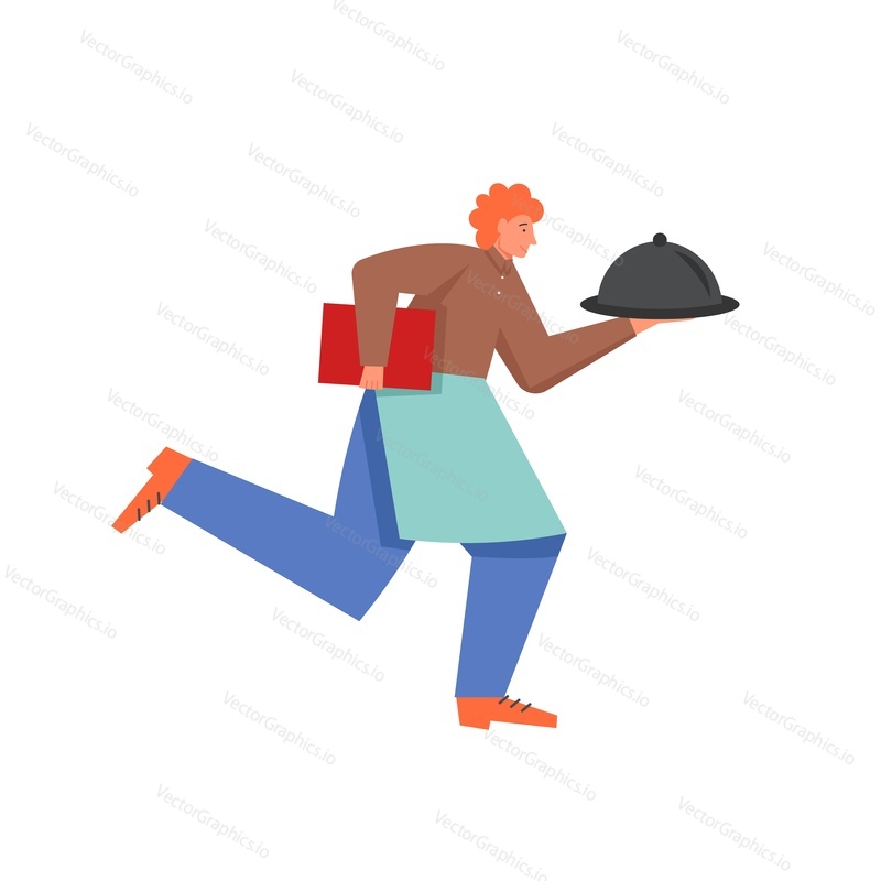 Young man holding dish silver serving platter in one hand and menu in the other, vector flat illustration isolated on white background. Restaurant waiter concept for web banner, website page, etc.