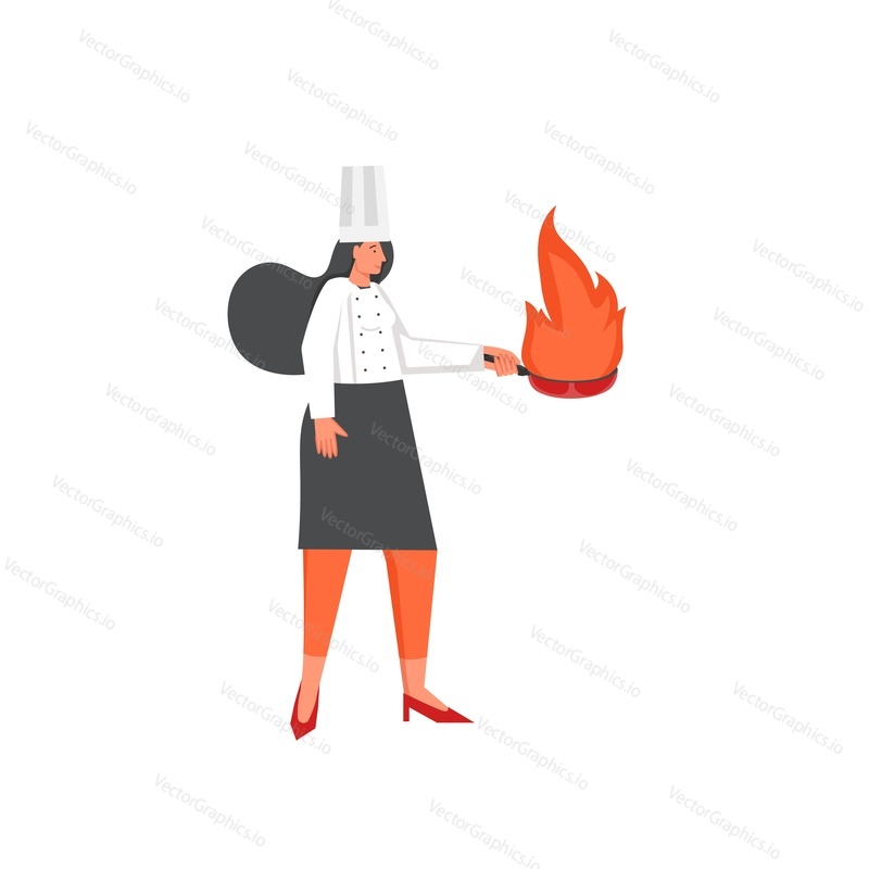 Young woman chef holding frying pan with fire. Vector flat illustration isolated on white background. Restaurant cook, professional cooking concept for web banner, website page etc.