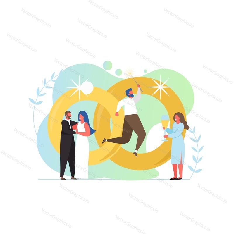 Big wedding rings and tiny characters bride and groom and guests, vector flat style design illustration. Wedding ceremony organization concept for web banner, website page etc.