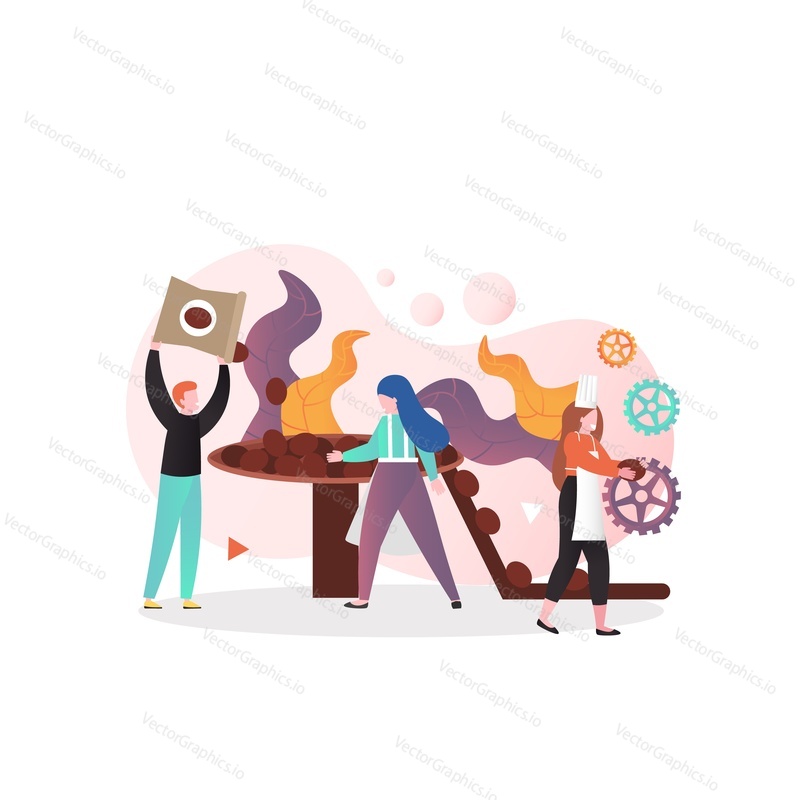 Chocolate making process, testing, cleaning of cocoa beans, vector illustration. Chocolate production concept for web banner, website page etc.