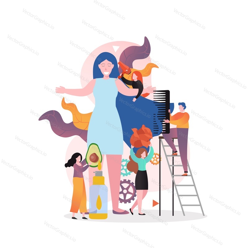 Kadeřníci Huge woman a micro characters fénují, česání a stylování vlasů, vektorová ilustrace. Zdravé vlasy, koncept služeb kosmetického salonu pro webový banner, webovou stránku atd.