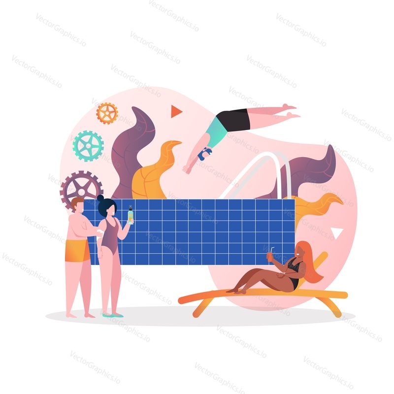 Mužské a ženské postavy opalování, skákání do vody v bazénu, vektorové ilustrace. Letní dovolená na pláži, koncept venkovního bazénu pro webový banner, webovou stránku atd.
