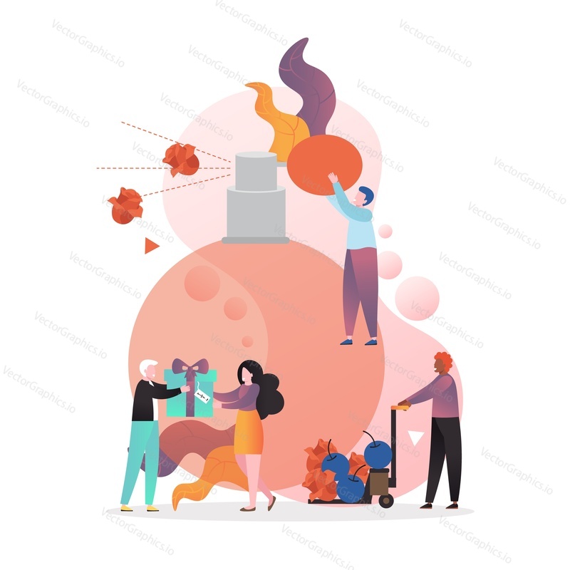 Huge perfume bottle and micro male and female characters perfumers with flowers, berries, gift boxes, vector illustration. Perfumery, perfume making process concept for web banner, website page etc.