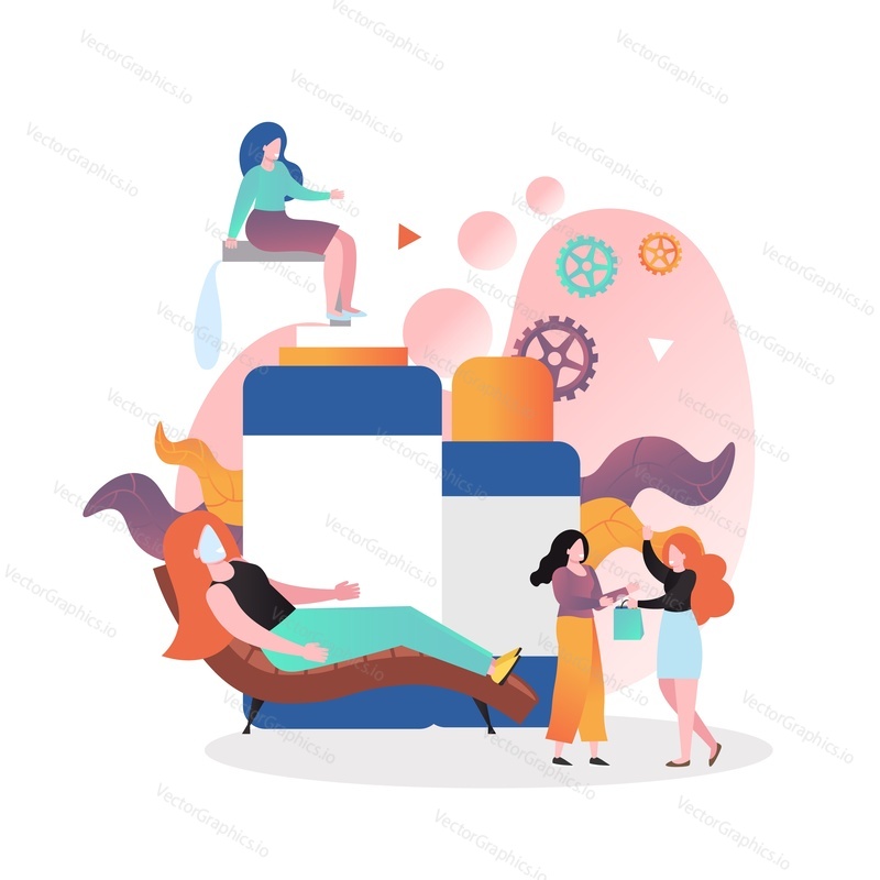 Face care vector concept illustration. Huge cosmetics bottles, micro female characters cosmetologists and client with face mask. Cosmetology, beauty salon services, beauty facial procedures.
