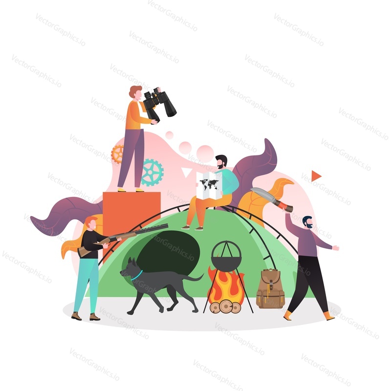 Hunters with binoculars, knife, shotgun, route map sitting on tent, cooking on fire, vector illustration. Hunting season, sport and hobby concept for web banner, website page etc.