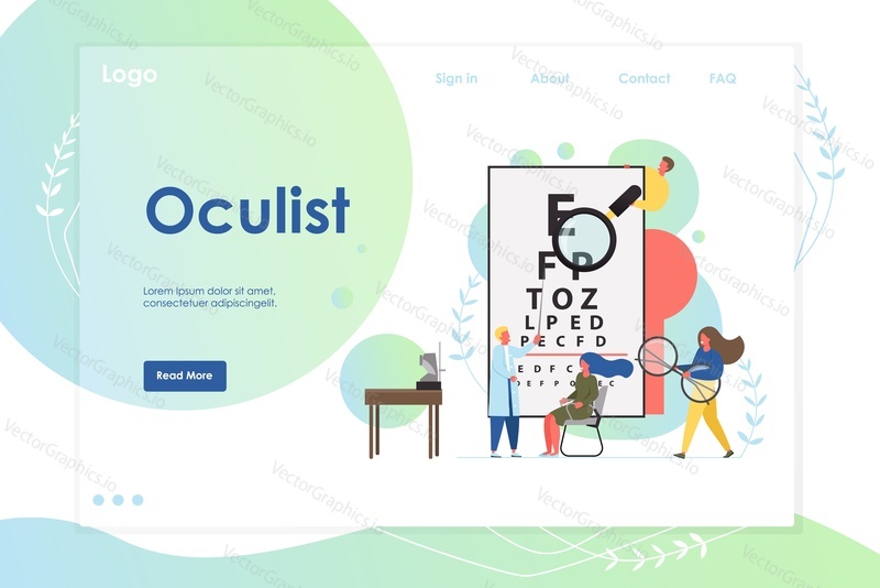 Šablona webových stránek Oculist vector, design webových stránek a vstupních stránek pro vývoj webových stránek a mobilních stránek. Koncepce vyšetření a korekce zraku.