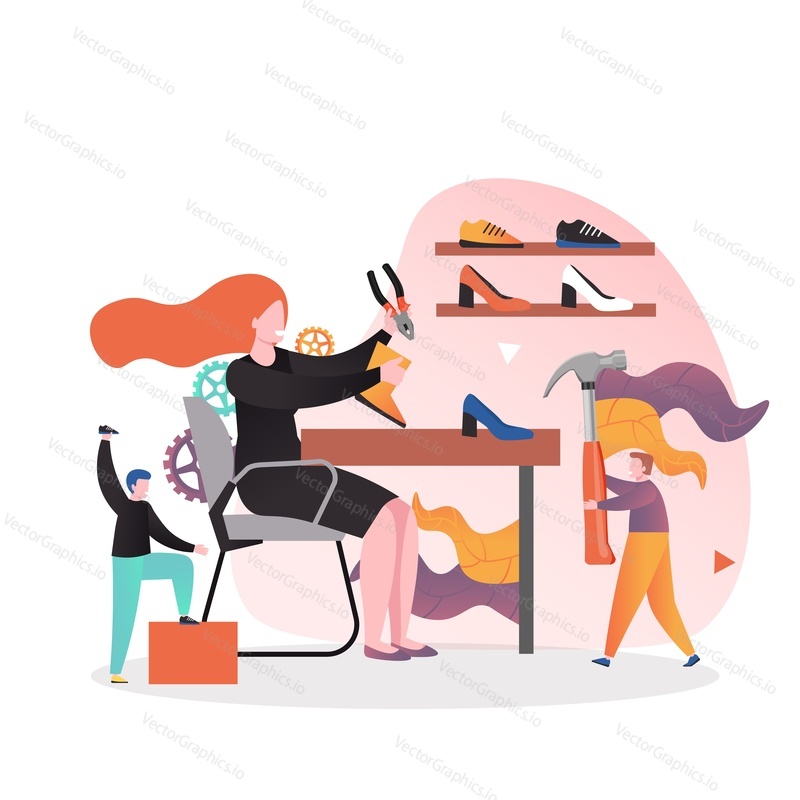 Mužské a ženské postavy obuvníci opravy obuvi, vektorové ilustrace. Koncept servisu oprav obuvi pro webový banner, webovou stránku atd.