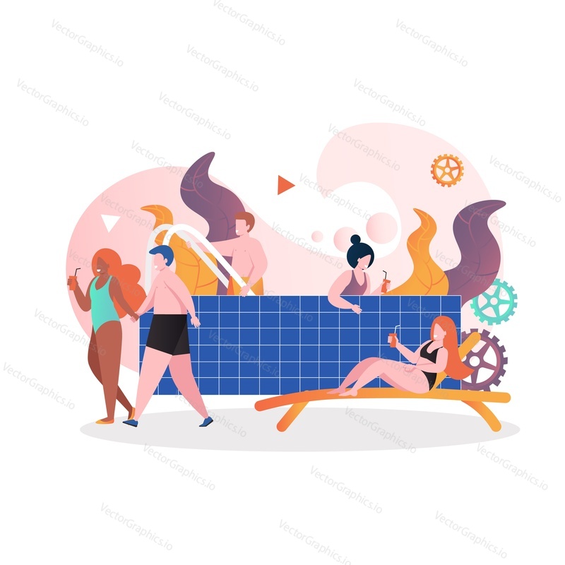 Mužské a ženské postavy odpočívající v bazénu, vektorové ilustrace. Beach resort Hotel bazén, vodní rekreační aktivity koncept pro web banner, webové stránky atd.