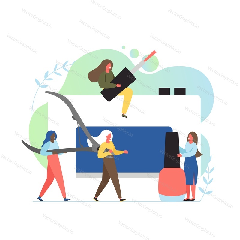 Manicure services, vector flat illustration. Big electric nail drill machine, scissors, nail polish and tiny women. Beauty salon, nail studio and hand care concept for web banner, website page etc.