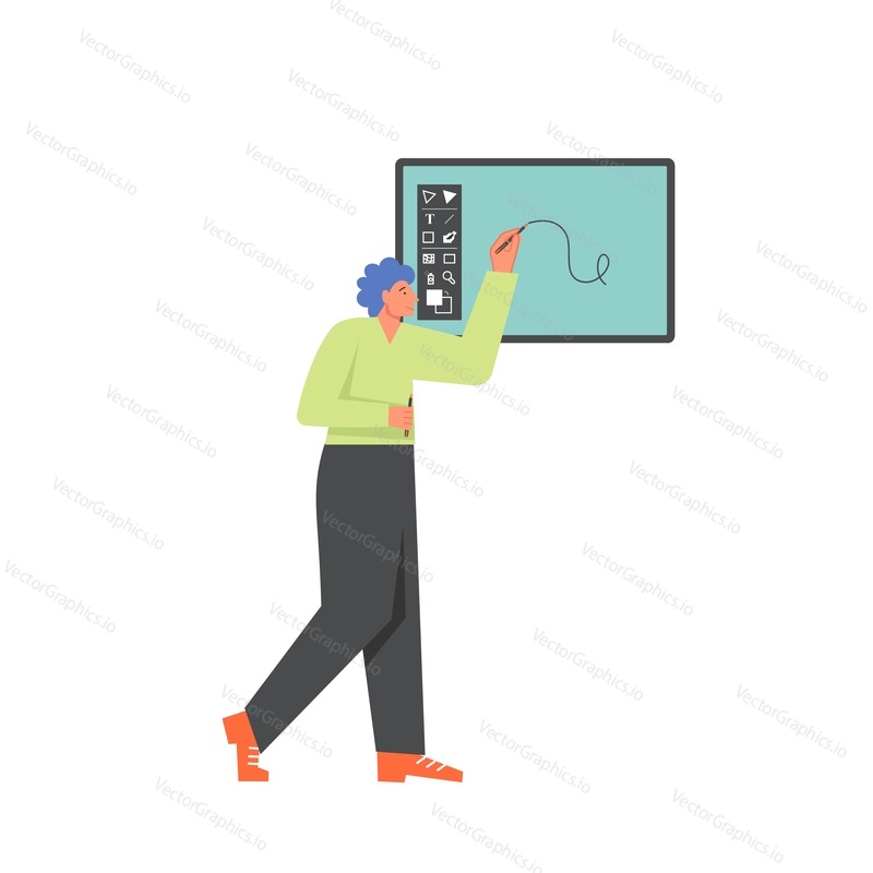 Man Grafik pomocí digitálního tabletu pro kreslení. Vektorová plochá ilustrace izolovaná na bílém pozadí. Grafika tvorba, umělecké a kreativní povolání koncept pro web banner webové stránky