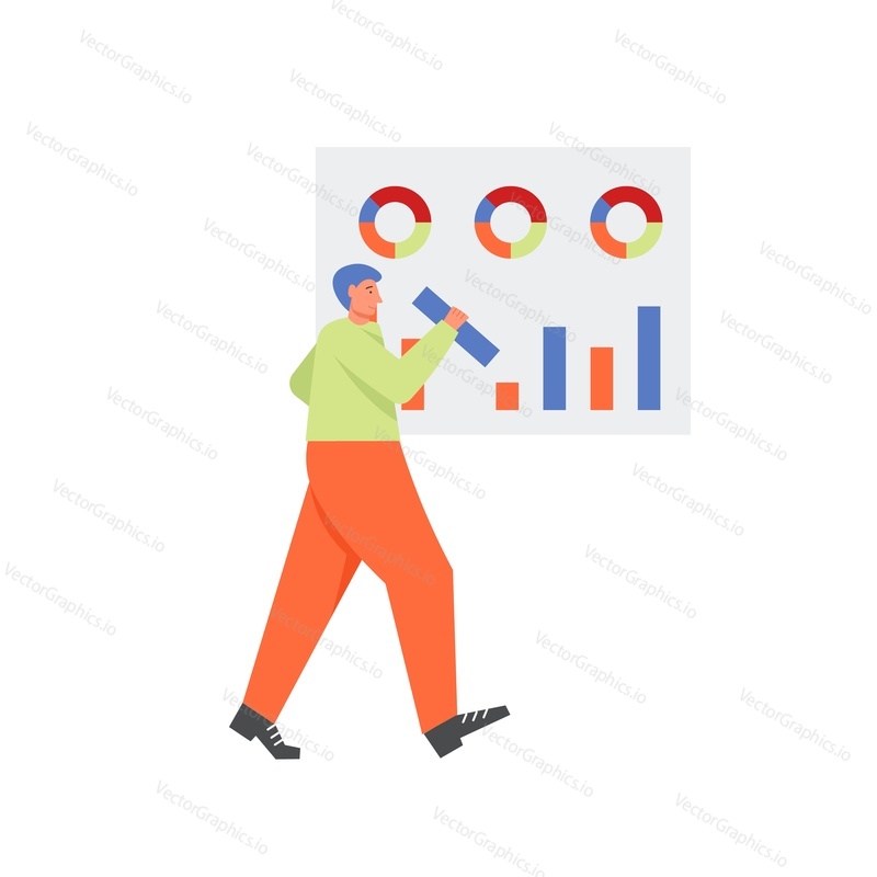 Businessman creating business infographics, vector flat style design illustration. Office man building statistical dashboard and interacting with graphs.