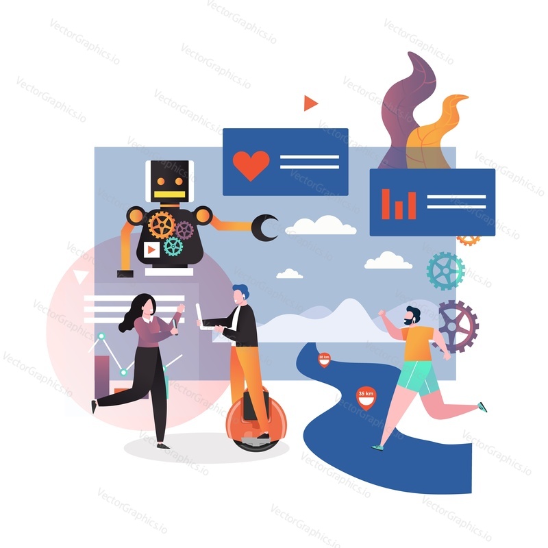 People using smart modern gadgets, vector illustration. Micro male and female characters riding self balancing mono wheel with laptop in hands, using mobile phone with running activity tracking app.