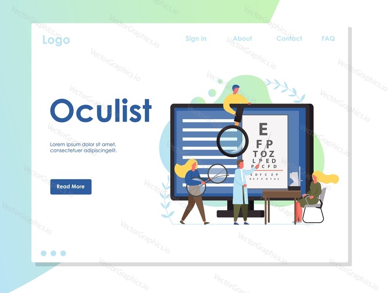 Šablona webových stránek Oculist vector, design webových stránek a vstupních stránek pro vývoj webových stránek a mobilních stránek. Optometrie, oftalmologická diagnostika, test zraku a korekční koncepce.