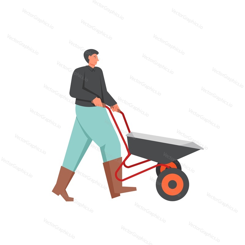 Zahradník s trakařem. Vektorový plochý design ilustrace izolované na bílém pozadí. Koncept zahradnictví pro webový banner, webovou stránku atd.