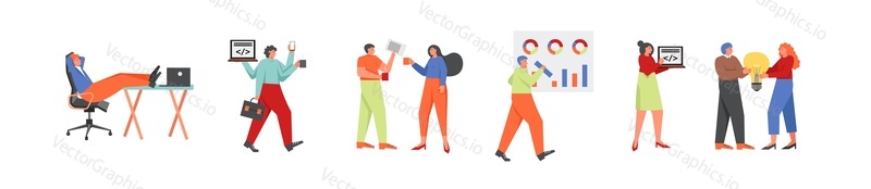 Office people, vector flat style design illustration isolated on white background. Business people working and taking rest in office.