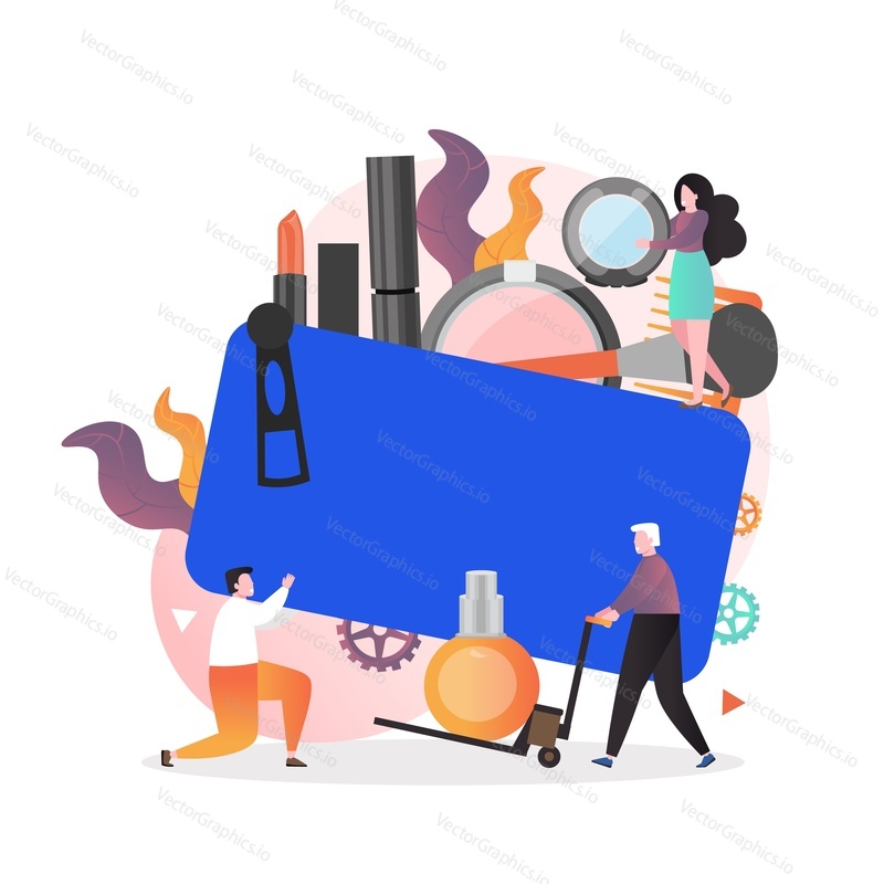 Huge cosmetic bag with beauty products blush, eyeshadow, lipstick, mascara, eyeliner and micro characters. Beauty salon, makeup studio services concept for web banner, website page etc.