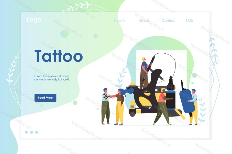 Tetování vektorové webové stránky šablony, webové stránky a vstupní stránky design pro webové stránky a vývoj mobilních stránek. Tetování proces s postavami profesionálních umělců, dívka dostat tetování, speciální vybavení