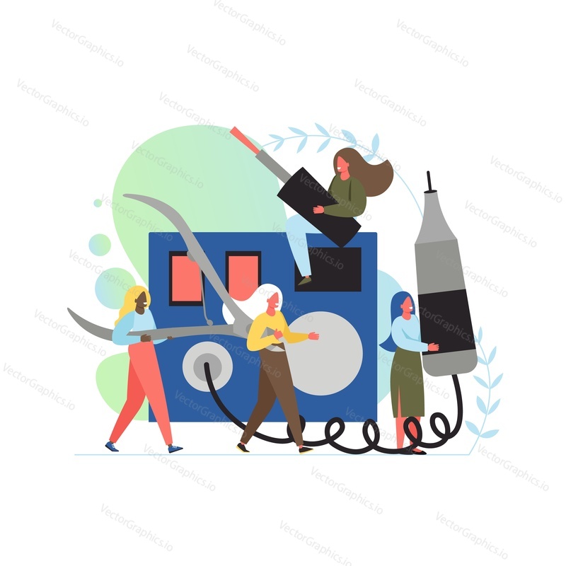 Manikúra služby, vektorové ploché ilustrace. Velká elektrická vrtačka na nehty a malé ženy držící nůžky, lak na nehty. Kosmetický salon profesionální manikúra, koncept nástrojů na nehty pro webový banner atd.