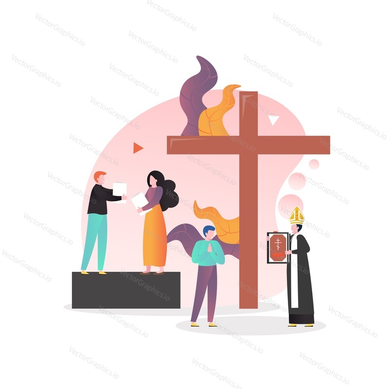 Huge cross, priest and people reading Holy Bible and praying, vector illustration. Christianity religion, worship concept for web banner, website page etc.