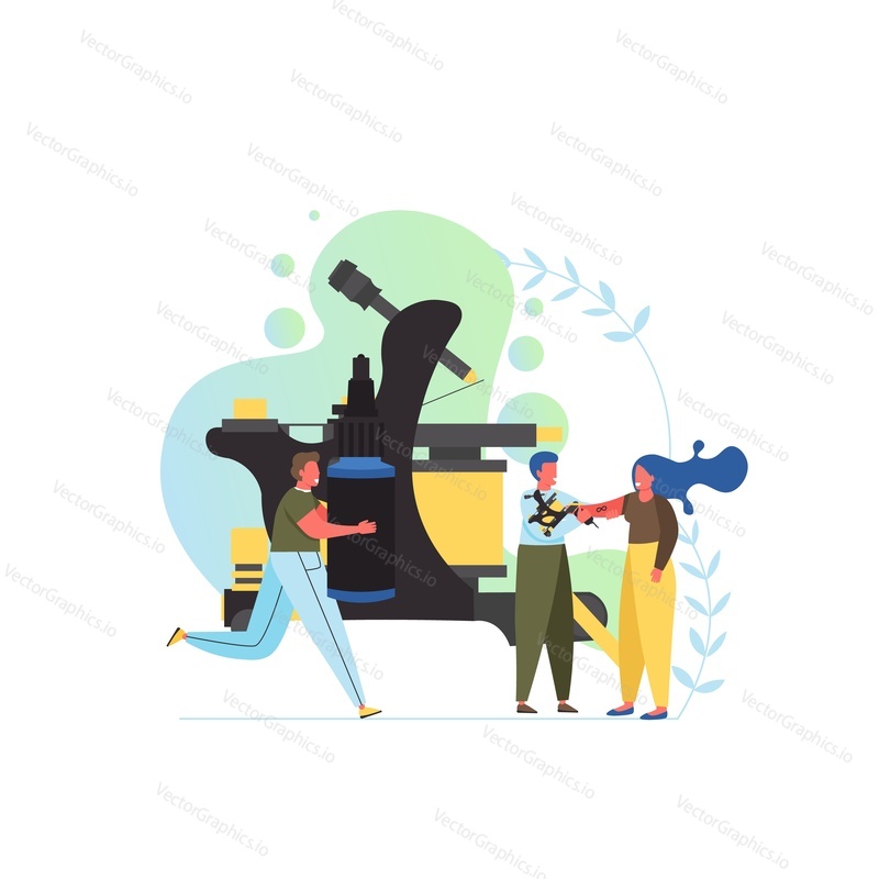 Girl getting tattoo in parlour, vector flat style design illustration. Young professional tattoo artist with machine and inks. Tattoo studio services concept for web banner, website page etc.