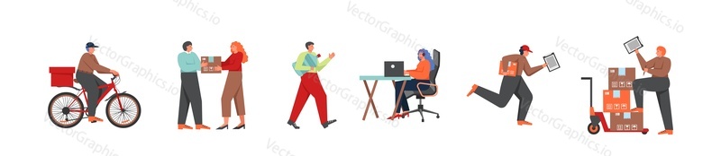 Delivery service workers and clients, vector flat style design illustration isolated on white background. Courier delivering water, food, parcel, call center operator, warehouse worker.