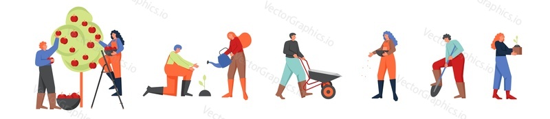 Gardeners men and women working in garden, vector flat isolated illustration. People planting, growing sprouts, harvesting using garden tools shovel, watering can, wheelbarrow. Gardening concept.