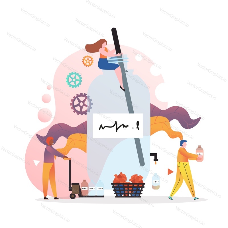 Huge bottle and micro male and female characters perfumers creating floral fragrance perfume, vector illustration. Perfumery, perfume production concept for web banner, website page etc.