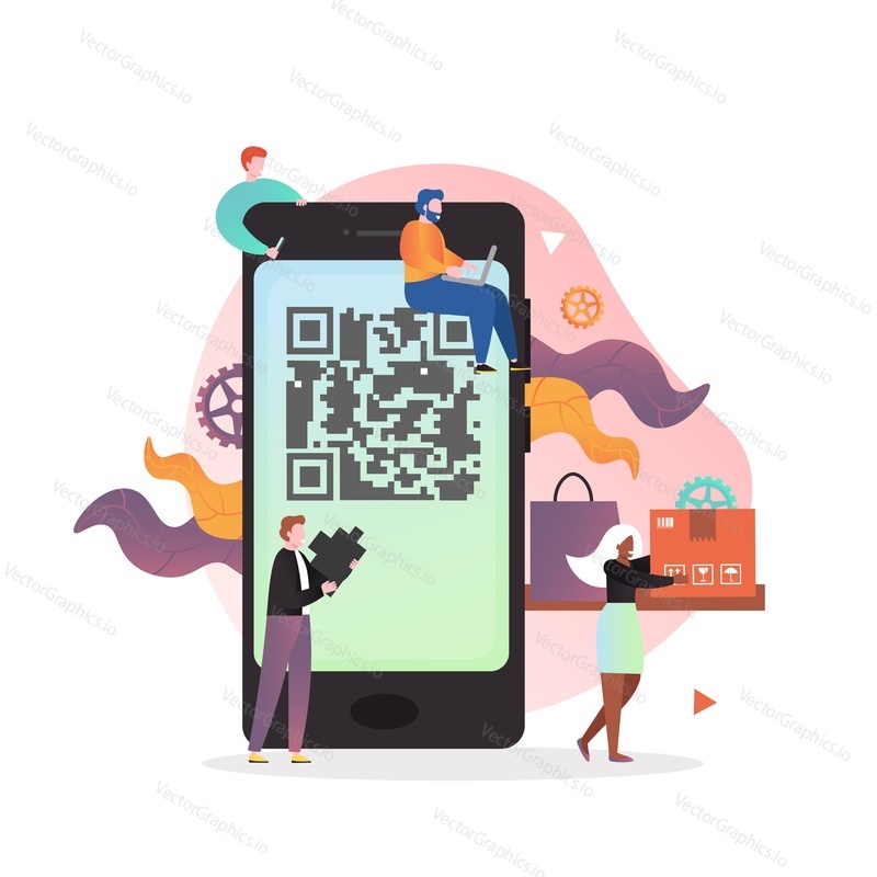 Огромный смартфон с QR-кодом на экране и микросимволами, делающими покупки, векторная иллюстрация. Интернет-магазины с QR-кодом, концепция приложения для сканирования штрих-кодов для веб-баннера, страницы веб-сайта и т.д.